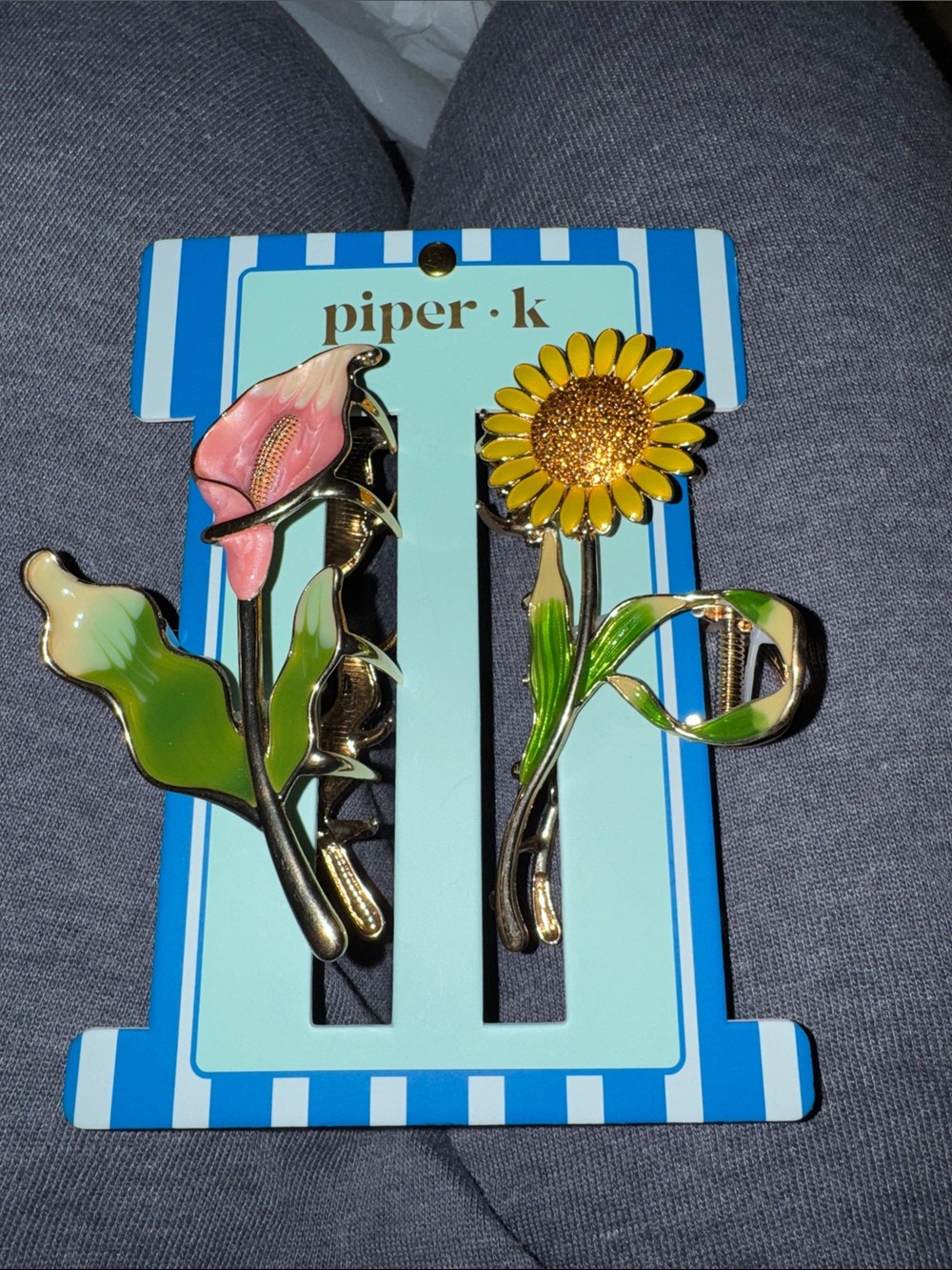 piper·k Floral Statement Metal Hair Claws Pink Calla & Yellow Sunflower